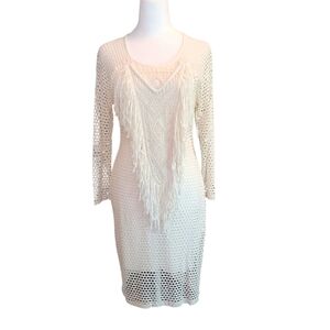1. State Dress Size M Mesh Overlay Lined Revolve Midi Stretch Cloud Cream Fringe